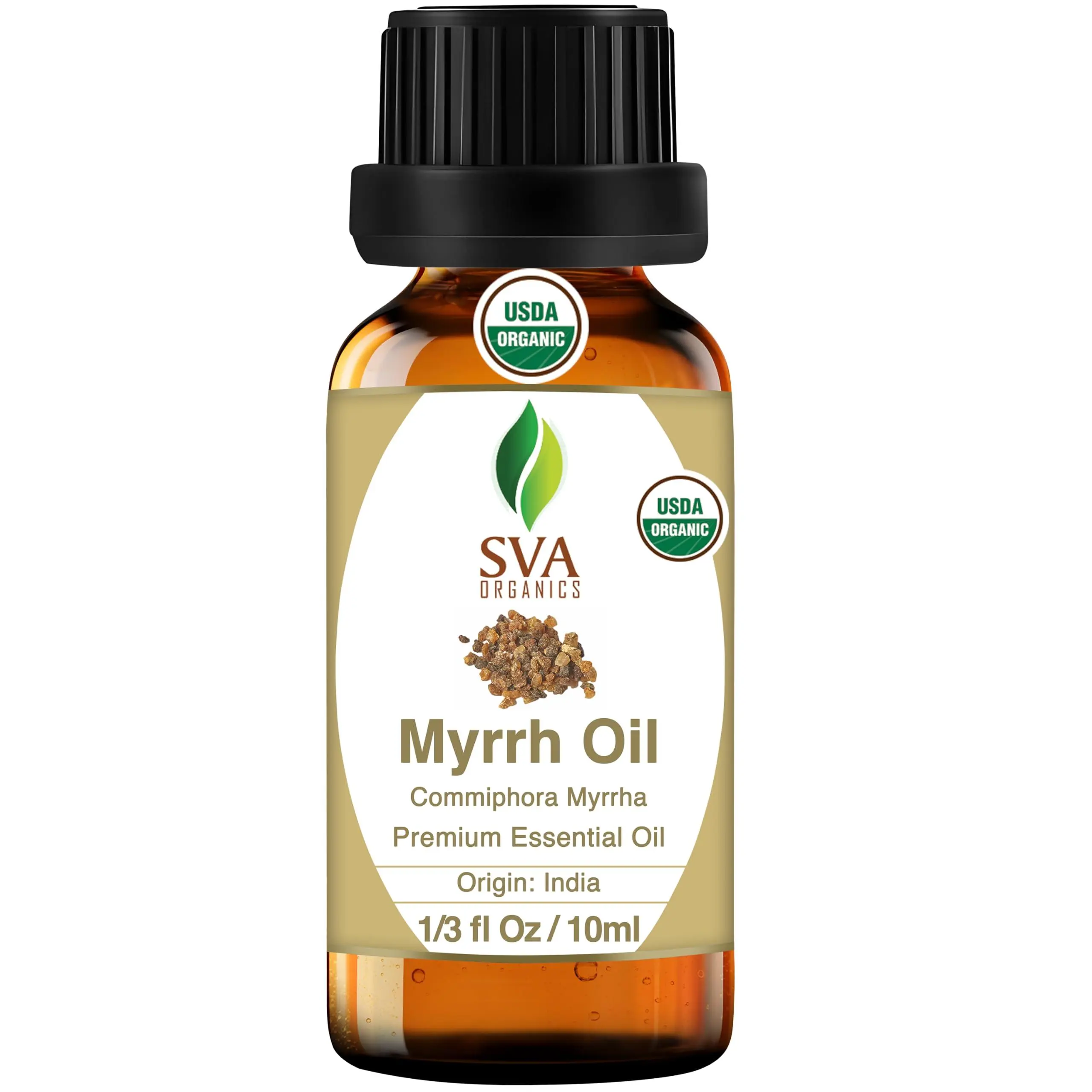 SVA Organic Myrrh Essential Oil - 0.33 Fl Oz Therapeutic Scented Liquid, 100% Natural, 24-Month Shelf Life, Normal Skin Compatible, Health-Focused Aromatherapy Body Care Treatment
