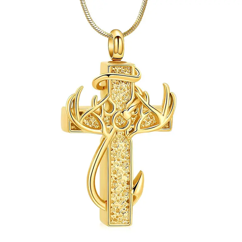 Stainless steel gold-plated deer horn cross urn necklace, cremation commemorative pendant, lost person souvenir, suitable for both men and women