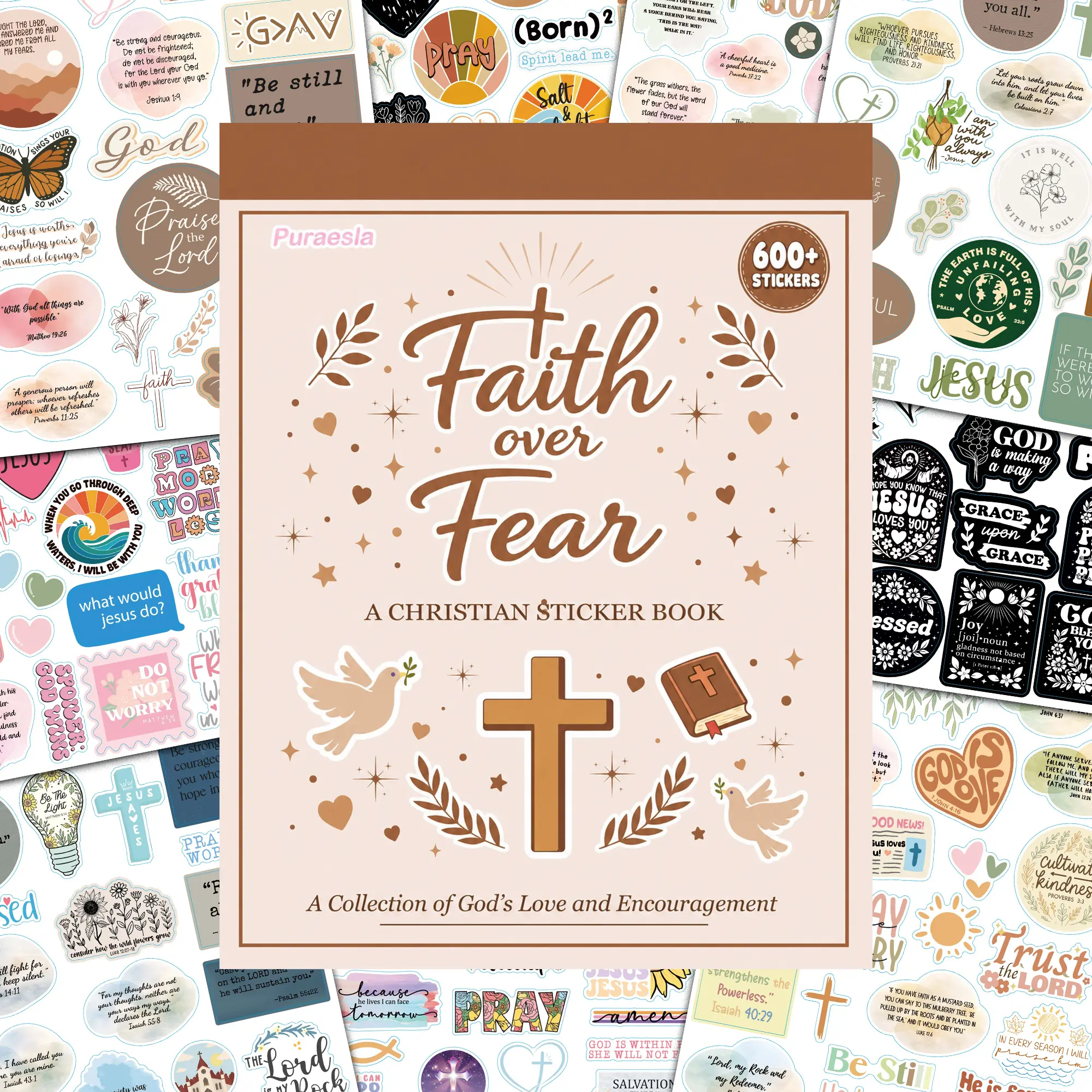 600Pcs Faith Over Fear Christian Sticker Book by Puraesla, Bible Verse & Jesus Stickers for Women Girls Teens, Faith-Based Religious Stickers for Bible Journaling, Water Bottles, Laptops & Notebooks