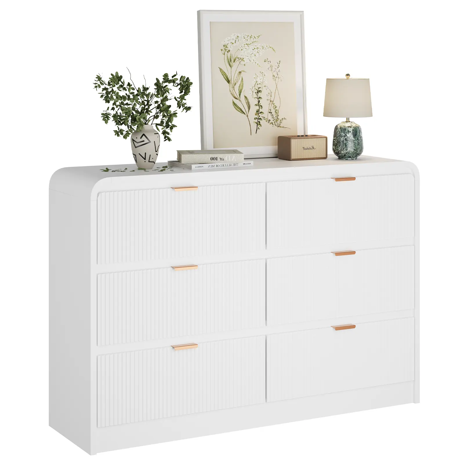 FURSUN Sturdy 54"w × 15.5"d × 37"h MDF Wood Dresser with Drawers - Walnut Finish, Metal Pulls, Modern Curve Profile, Sculpted Fluted Details, Anti-Tip Base, Easy Setup Storage for Bedroom, Entryway