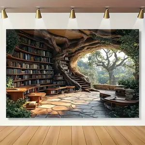 60in x 40in 1pc Enchanted Forest & Library Tapestry - Vibrant Polyester Fabric with Stone Steps, Bookshelves & Tree Roots Design, Perfect for Home Decor, Holiday Parties & Studio Props, Mixed Colors