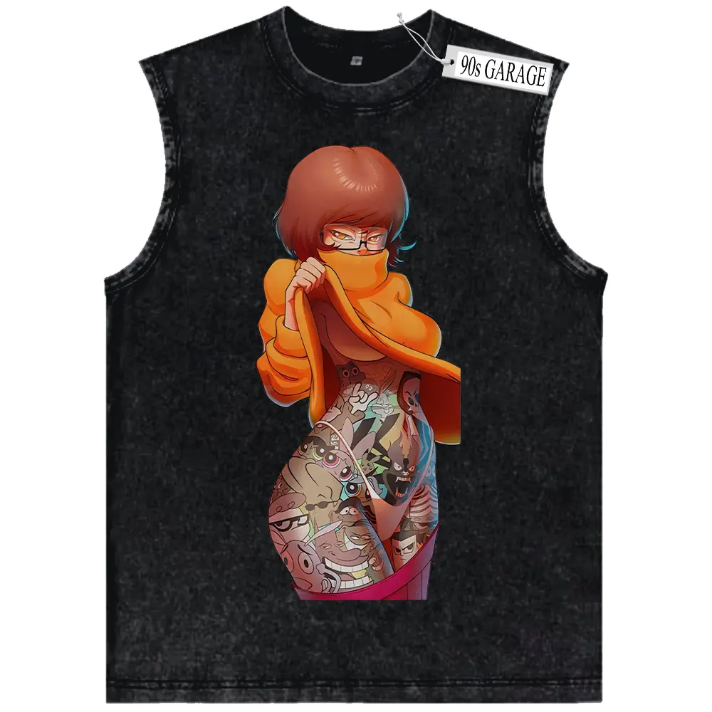 Men's Vintage Washed Cartoon Tank Top | Retro Tattoo Girl Graphic Muscle Shirt | Distressed Acid Wash Waifu Vest | Casual Y2K Harajuku Streetwear Tee