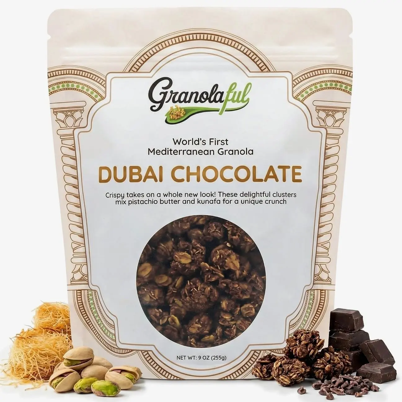 Granolaful Dubai Chocolate Granola Cereal — 100% Pistachio Butter, Kataifi, Cacao, Protein, Fiber for Healthy Snacks | 7 Ingredients with No Seed Oils, No Natural Flavors | 9oz Bag (1-Pack)