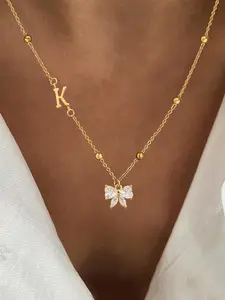 Artificial Crystal Bowknot Initial Necklace, Stainless Steel Bead Chain Dainty Necklace for Women, Fashion Jewelry for Party, Daily Decor, Trendy All-match & Exquisite Jewelry for Birthday Gift