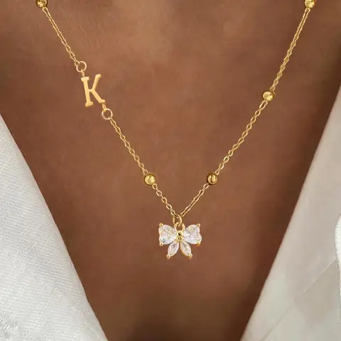 Artificial Crystal Bowknot Initial Necklace, Alphabet Pendant, Initial Pendant Necklaces, Letter Necklace, Stainless Steel Bead Chain Necklace for Women, Jewelry for Party, Daily Decor, Birthday Gift