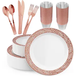 150 Count Rose  Dinnerware Set, Elegant Disposable Include: 25  Lace Plastic Plates, 25 Dessert Plates, 25 Forks, 25 , 25 Spoons, 25 Cups for Party, Thanksgiving