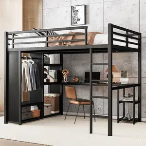 [Bellemave]Twin XL/Full/Queen /Size Loft Bed Frame with Built-in Wardrobe, Metal Loft Bed with Desk and Storage Shelves, Black