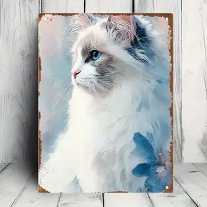1pc Vintage-Style White & Blue Ragdoll Cat Metal Wall Art - Artistic Rustic Tin Sign with Floral Accents, Perfect for Home, Bar, Cafe, or for Man Cave Decor - Ideal Gift for Cat Lovers, Cat Decor