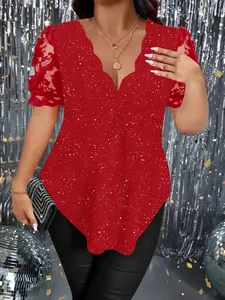 Elegant Plus Size Fitted Women's Lace V-Neck Short Sleeve Crop T-Shirt, Sparkle Highlights, Wave Design, Casual Fashion Top