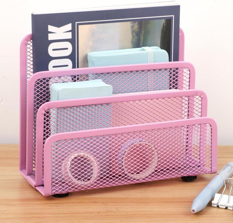 Mail Organizer Countertop Metal Mesh File Holder with 3-Slot Desk Accessories For Home and Office Pink