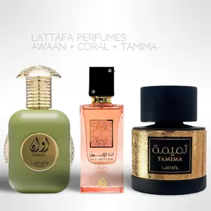 Lattafa Awaan + Ana Abiyedh Coral + Tamima Fragrance Bundle for Everyone – Eau de Parfum Set – A Stylish Trio of Distinctive Scents