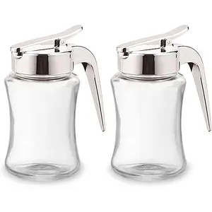 2-Pack 7.5oz Glass Syrup Dispenser Bottle with Handle & Pour Spout Lid, Ideal for Maple Syrup, Honey, Sugar, Perfect for Pancakes Coffee Tea Cereal Serving