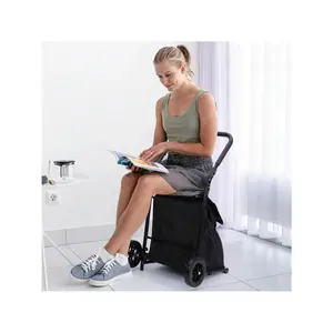 2 In 1 Foldable Shopping Cart, Grocery Cart With Seat, 2 Wheels Grocery Cart With 123 L Large Capacity Waterproof Bag, Portable Trolley Dolly Utility Cart, Black, 132 LBS Load Capacity