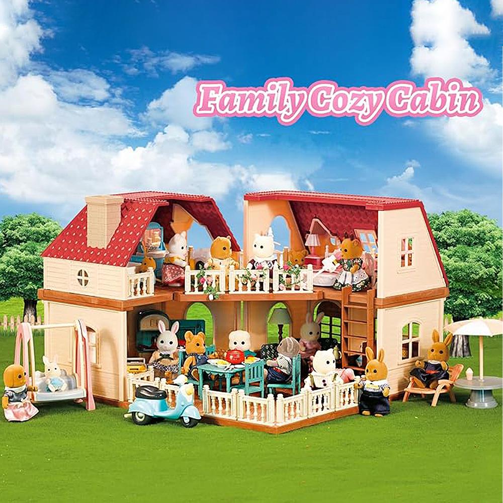 Family Cozy Cabin Dollhouse Playset with Furniture & Accessories, DIY Pretend Play Cottage for Ages 3+, Boys & Girls