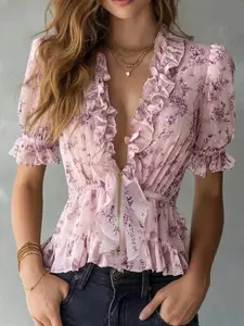 Women's Fashion V-Neck Ruffle Waist-Cropped Printed Blouse Shirt Top, Stylish and Trendy Design, Perfect for Daily Wear and Special Occasions
