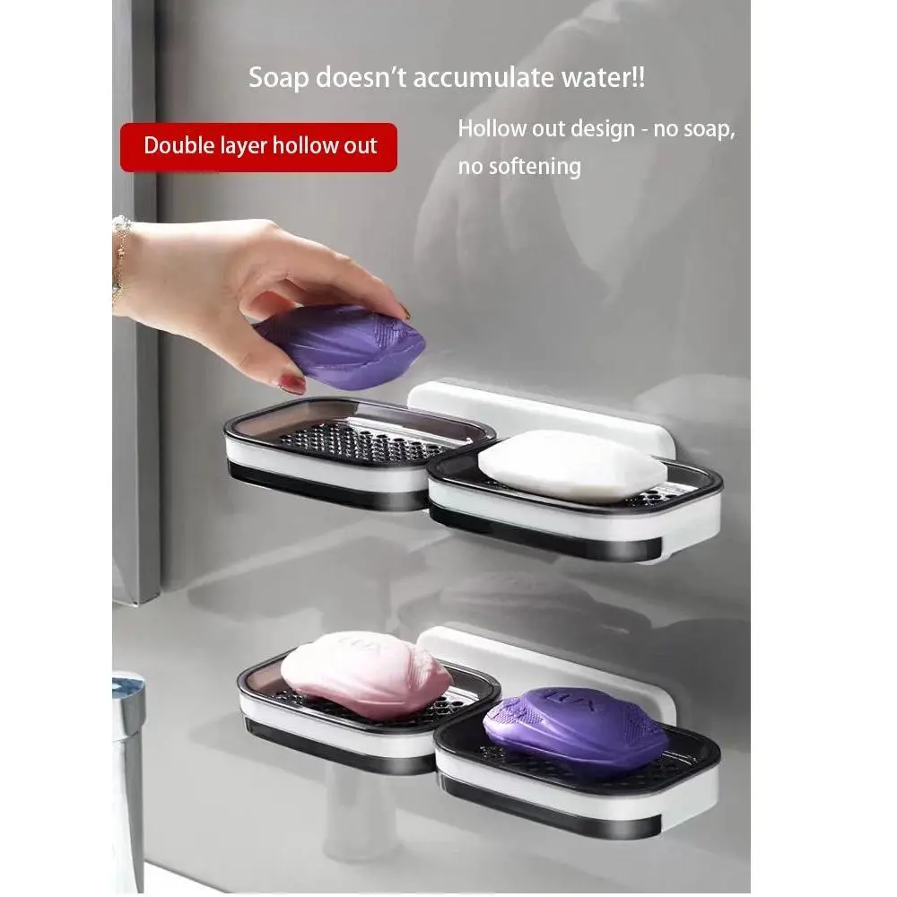 2-Layer ABS Bathroom Soap Rack, Perforation-Free Wall-Mounted Organizer with Drip-Hollow Design, Detachable Drawer, Black Double-Layer Style, Easy Installation for Household Bathroom Supplies