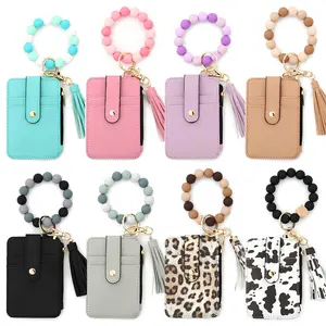 Mother's Day Gift Women's Boho Style Bracelet Wristlet Wallet Credit Card Holder RFID, Tassel Decorated Keychain with Flower Pattern Wallet,Chic Gorgeous Keychain for Key & Bag,Clip PU Leather Credit Card Multi Slot Card Bag