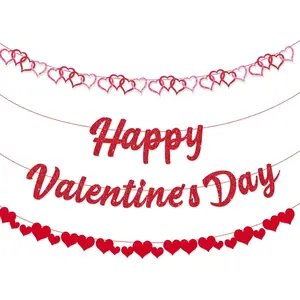 Valentines Day Banner, Half Pre Strung 10 Feet Glitter Valentines Day Decorations, Red Pink Heart Valentine Garland for Photo Props, Wedding Anniversary Party Hanging Decor (Red)