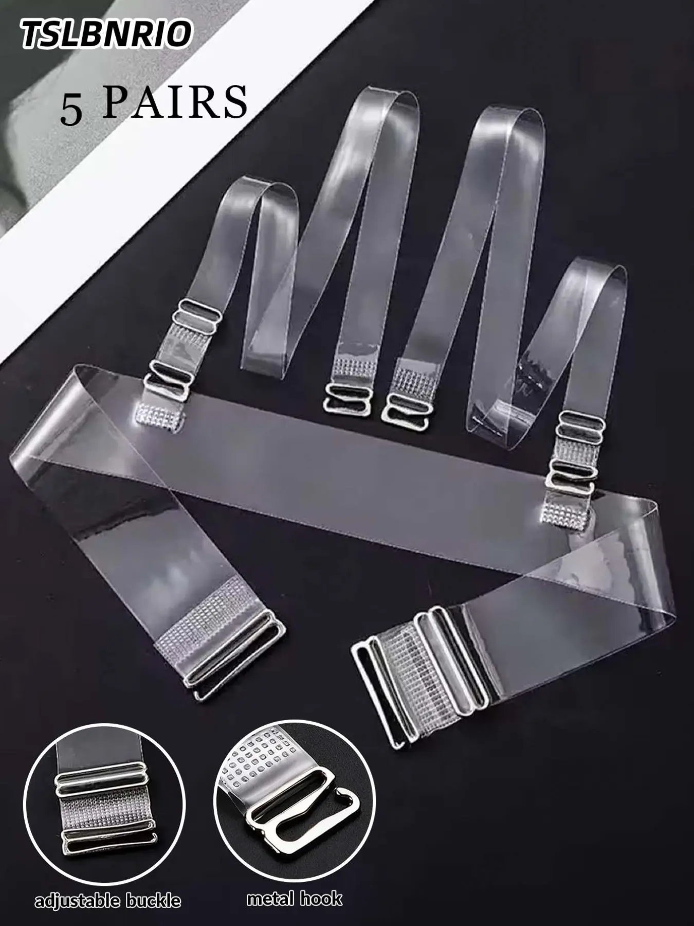 5 Pairs Adjustable Buckle Transparent Invisible Bra Straps with Metal Hooks, Clear Strap, 4 Wear Modes for Strapless Dresses, Durable Replacement for Wedding and Daily, All Seasons, Womenswear Accessories