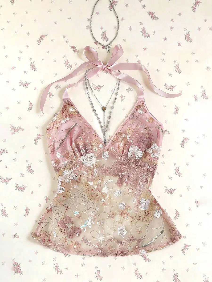 Sweet & Sexy Pink Sheer Lace Floral Sequin Patchwork Tie-Up V-Neck Fitted Halter Top, Spring Summer Flower Top Lace Top Pink Top Kawaii Top