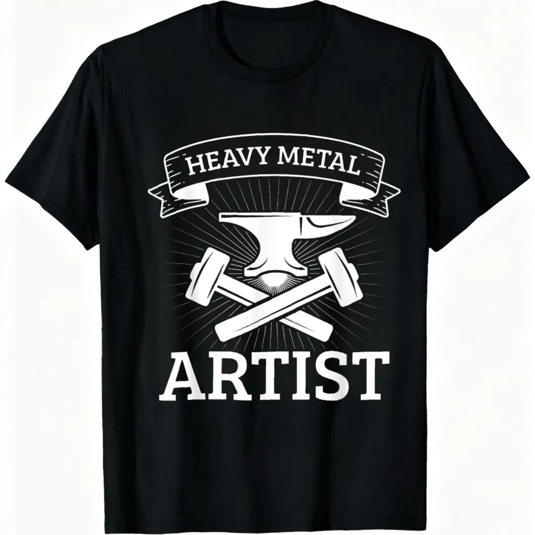 Heavy Metal Artist T Shirt With Anvil And Hammers Design Cotton Casual Wear For Music Fans And Craft Enthusiasts