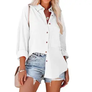 Women's White Oversized Button Down Shirt - Casual Loose Fit Long Sleeve Collared Blouse Top Womenswear Summer Bridal