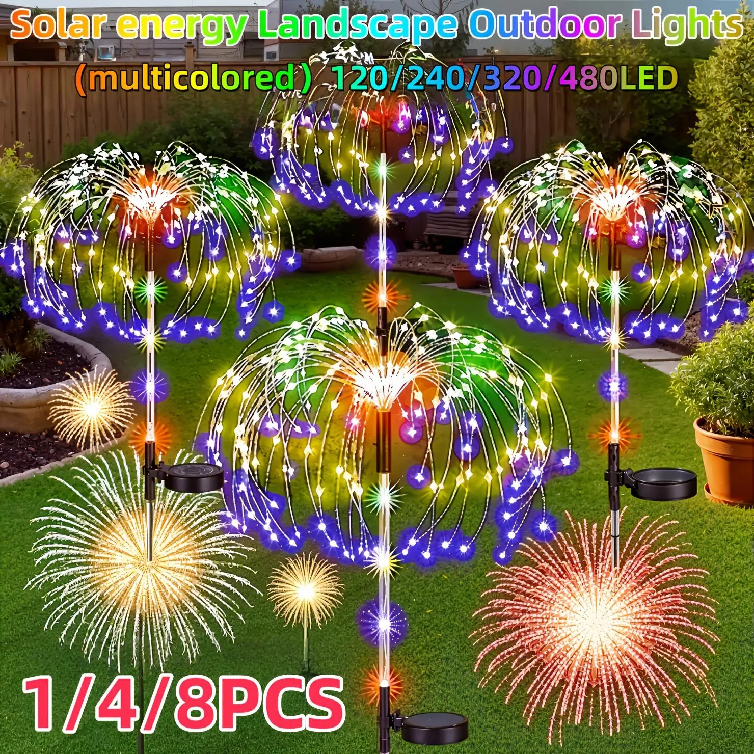 8/4/1pc 480/320/240/120 LED Solar Outdoor Fireworks Light - Colorful, IP65 Outdoor, 8 Lighting Modes, Suitable for DIY Courtyard, Party Wedding, Lawn, Christmas Decoration Lights | Outdoor Solar Garden Lights | Valentine's Day Decoration