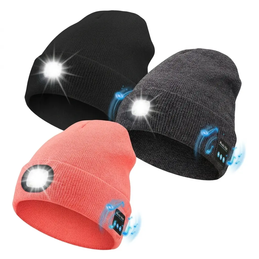 LED Beanie Hat with Wireless Bluetooth Music, Rechargeable Headlamp Knit Cap for Men Women Running Camping