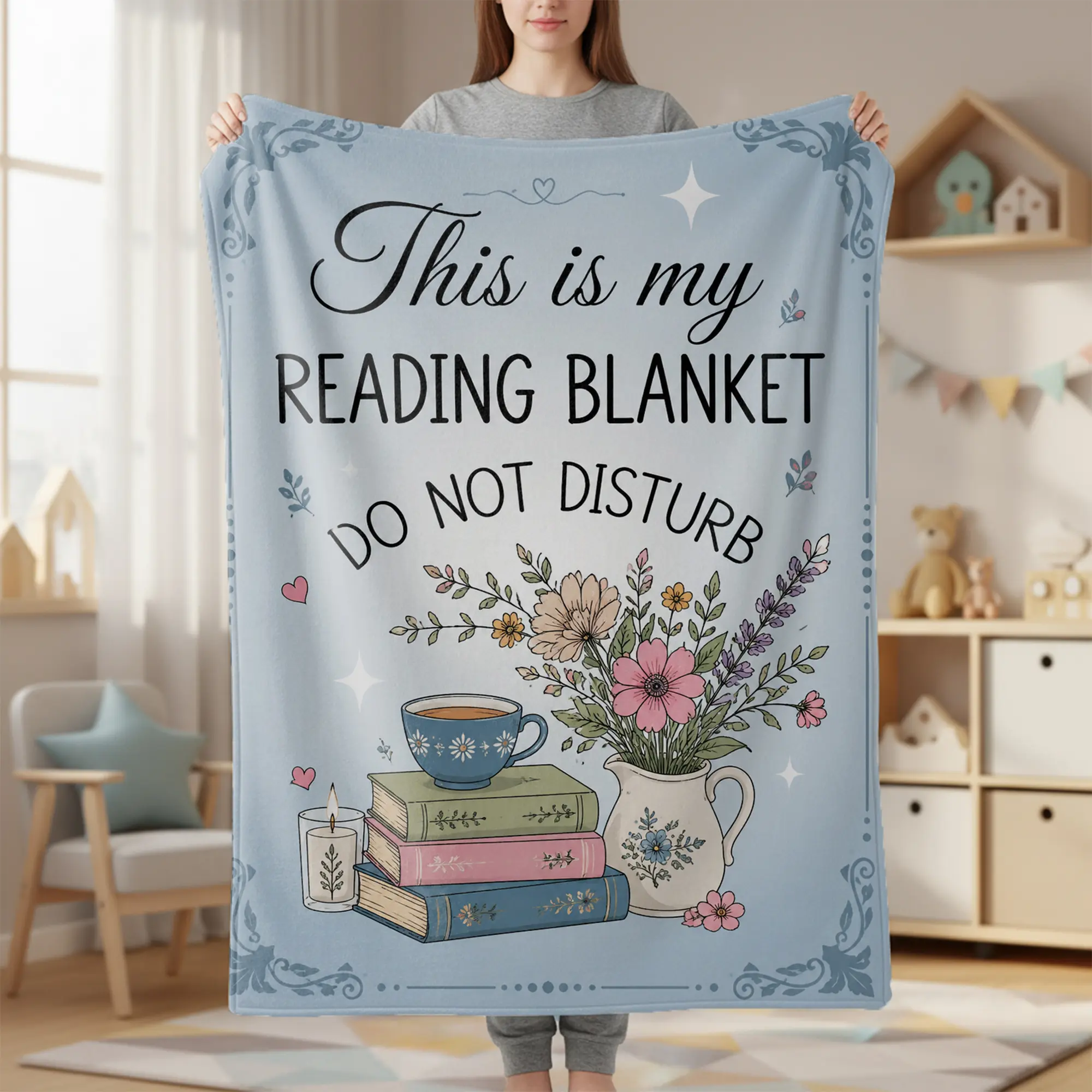 This Is My Reading Blanket Do Not Disturb Flannel Throw Blanket, Vintage Book Floral Tea Cup Candle Pattern Blanket, Bookish Aesthetic Decor, Gift For Book Lovers Bookworm Readers