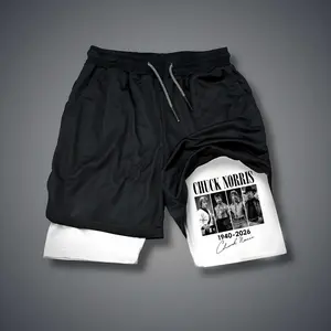 CHUCK NORRIS Double-Layer Sports Shorts Graphic Shorts Black Shorts Camo Shorts Streetwear Shorts Men Outfits Men Short Shorts Vacation Outfits Shorts
