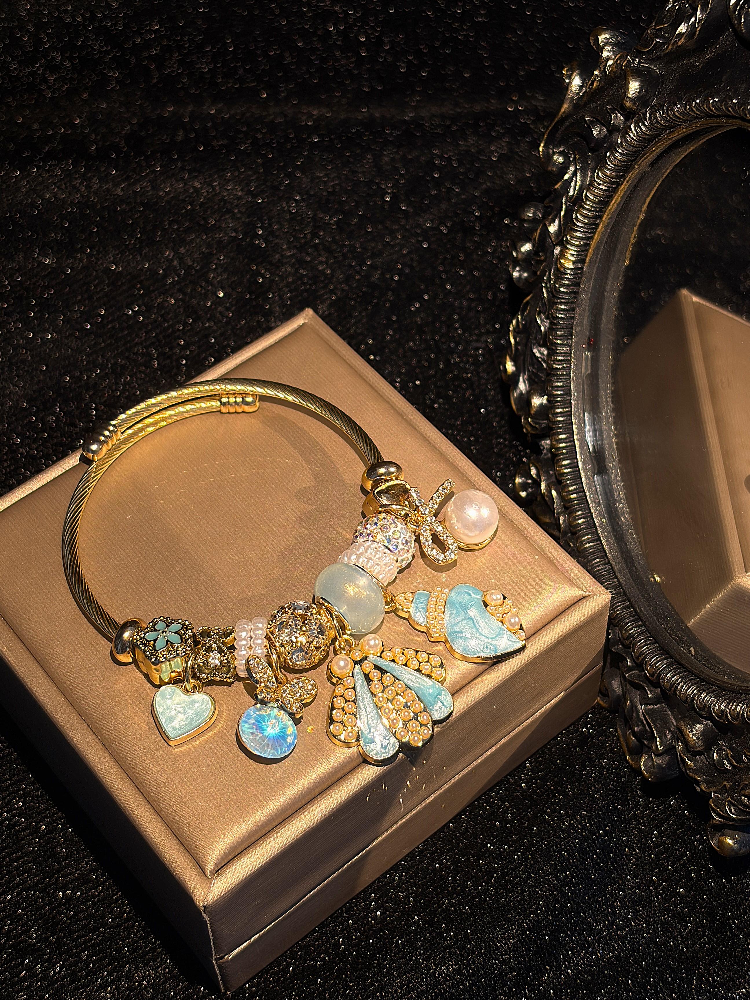 Women's Ocean Shell Charm Bracelet - Enamel Seashell Dangle Charms, Crystal & Pearl Beaded Bangle, Trendy Beach Costume Jewelry Gift for Women