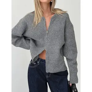 Women’s Autumn/Winter Zip-Up Knit Sweater – Casual, Warm, Solid Color, Cardigan Style