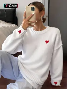 Women's Heart Embroidery Drop Shoulder Sweater, Casual Long Sleeve Round Neck Jumper for Fall & Winter, Fashion Ladies' Knitwear for Daily Wear