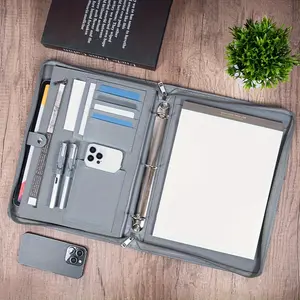 Hot selling styles 3 Ring Binder Grey Vegan Leather Briefcase for Men/Women, A4 Multifunctional Portfolio, Padfolio with Zipper, Handcrafts Tablet Bag, Office&School Storage for Teacher, Back to School, Graduation Gift