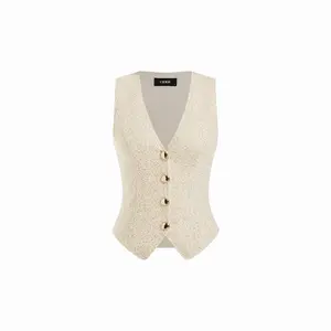 Cider Cotton-blend Textured V-neck Blazer Vest With Metal Button Detail Dealsforyou
