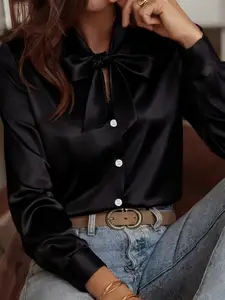 Elegant solid color satin fitted blouse for women, long sleeves, single-breasted design, perfect for spring, summer and autumn, genuine fit.
