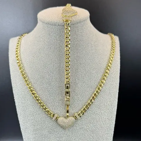 Gold plated set Cuban chain with whit a heart shaped necklace 20 inches long bracelet 7+1 inches adjustable