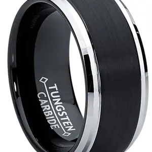 Tungsten Carbide Men's Two-Tone 9MM Black Brushed Wedding Band Comfort Fit Sizes 7-15 Scratch Proof Hypoallergenic