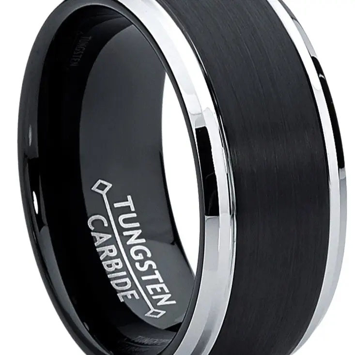 Tungsten Carbide Men's Two-Tone 9MM Black Brushed Wedding Band Comfort Fit Sizes 7-15 Scratch Proof Hypoallergenic