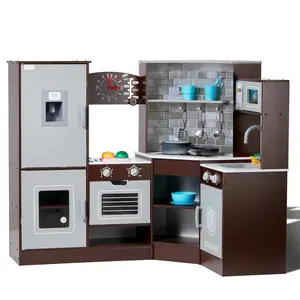 Corner Wooden Play Kitchen, Toy Set with Lights and Sounds, Toddler Kitchen with Ice Maker, Oven, Sink, Clock, Microwaves, Refrigerator and Accessories, for Toddlers, Preschoolers, Brown