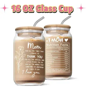 Drinking Glasses with Bamboo Lids and Glass Straw 4pcs Set - 16oz Glass Cups, Iced Coffee Glasses, Cute iced Tea Glasses, Beer Glasses, Ideal for Coffee Bar Accessories, Aesthetic Gift, Gifts for Mom