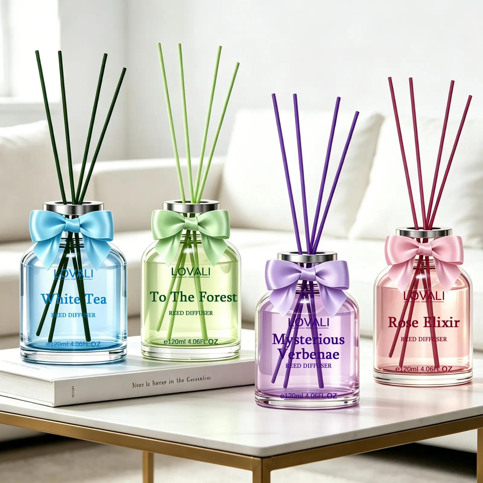 LOVALI Scented Reed Diffuser Bottle, 120ML/4.06OZ Home Fragrance Decor Accessory with 4 Aroma Options (Rose, Pine, Lavender, White Tea), Long-Lasting Air Freshener, Ideal for Bedroom, Sophisticated Home Gift