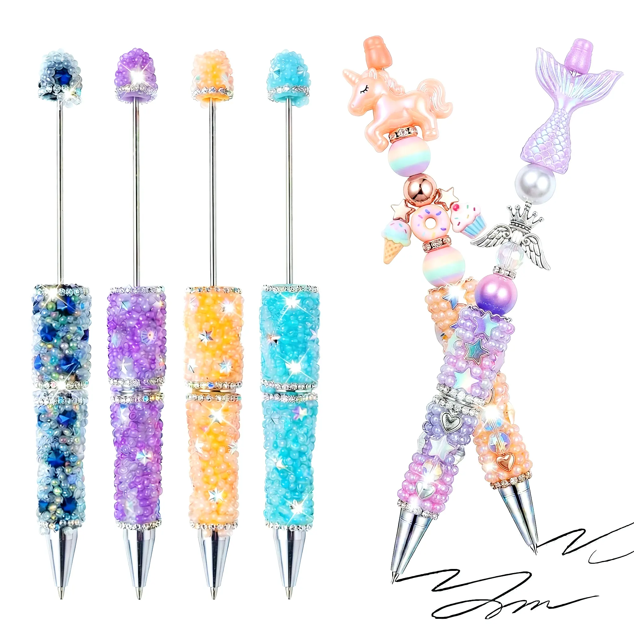 4 PCS Rhinestone Chain Love Bead Pen bubble wand rhinestone pen Creative DIY Luminous Snowflake Rhinestone Heavy-Duty Full Rhinestone Beauty Essential Bling beadable item bead cute journalling pen ballpoint pen tween girl gift