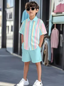 Boys' Summer Set, Short Sleeve Shirt + Shorts, Casual Striped Two-Piece Set, Kids Fashion Clothing, Summer Wardrobe Essentials