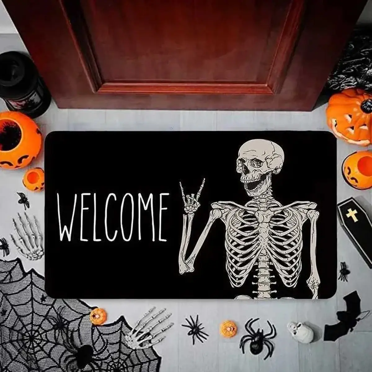 Halloween Skull Welcome Mat, Reflective Durable Boho Short Pile Rug, Indoor Outdoor Home Decor Door Mat, Doormat, Easy to Clean, Easy Maintenance, Non-Slip Backing