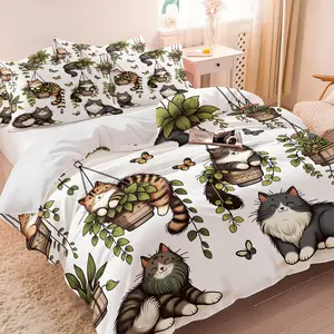 Cute Cartoon Cat Duvet Cover Set, 1 Duvet Cover + 1/2 Pillowcases, No Core, Whimsical Cat & Plant Pattern with Butterflies, Soft All-Season Bedding for Kids & Teen Bedroom