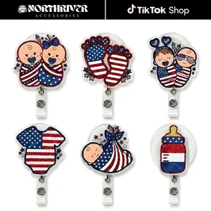 4th Of July Patriotic Badge Reel Retractable USA Flag Patriotic NICU Nurse ID Badge Holder Labor Delivery Hospital Staff Uniform Accessory Gift