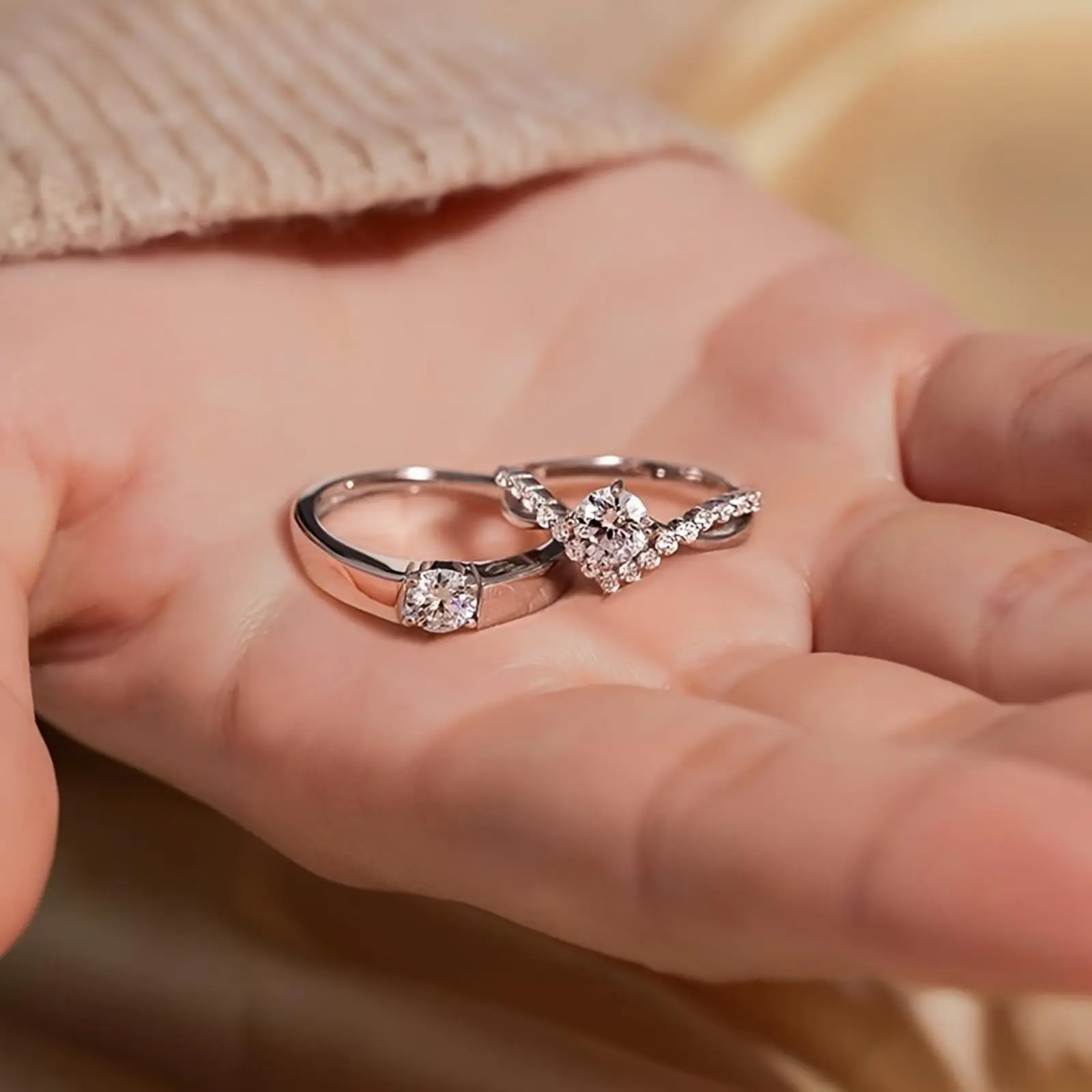 2pcs Cubic Synthetic Zirconia Rings Set - Adjustable Open Band, Couple's Engagement Rings, Casual Attire Party Fashion Jewelry Gift, Rings Set Rings