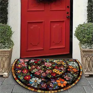 Vintage Style Colorful Print Welcome Doormat, Floral Rugs, Semi-Circular Non-Slip Design, Polyester, Ideal for Entryway, Porch, Hallway