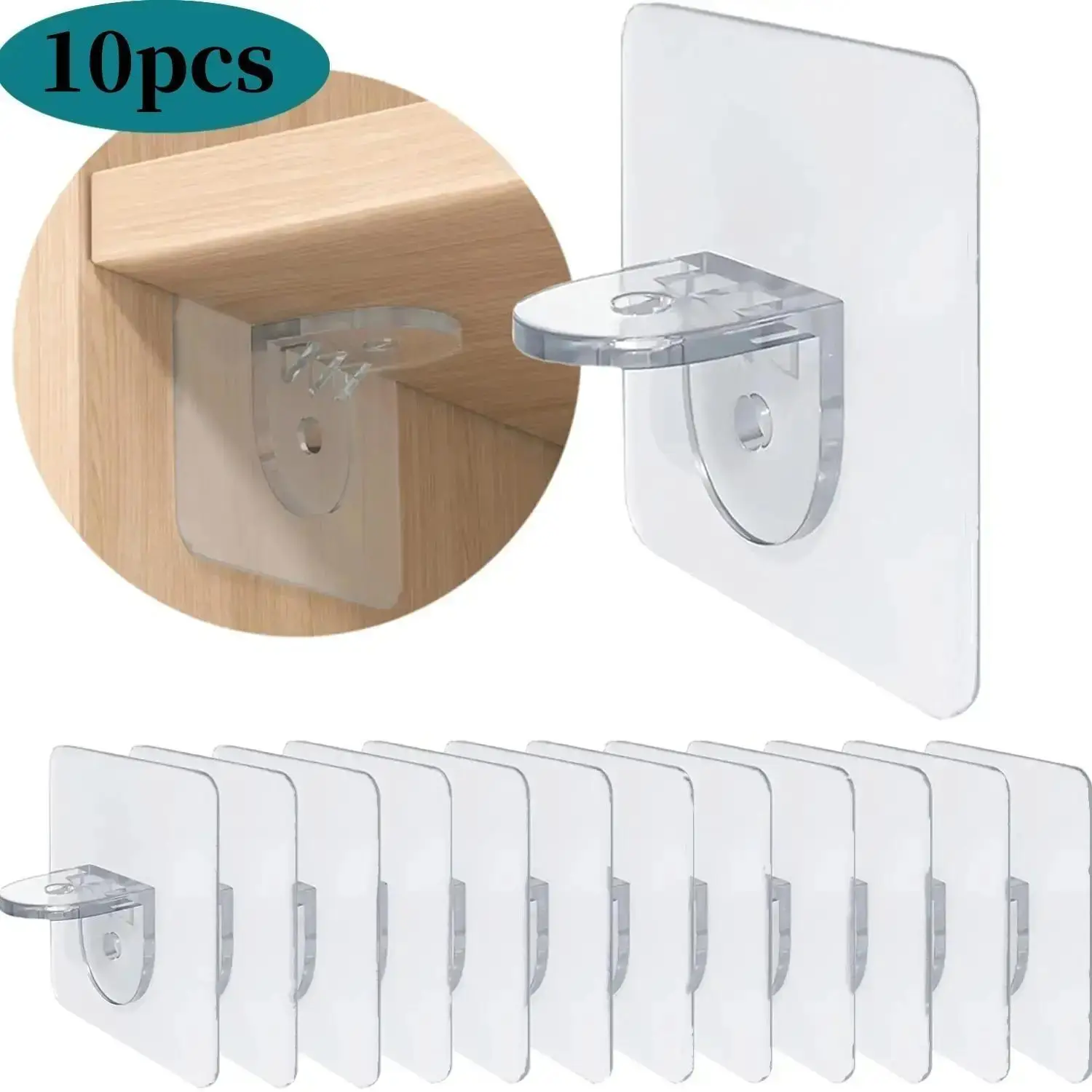 10pcs Clear Self Adhesive Shelf Bracket, Strong Adhesive Wardrobe Partition Bracket, Transparent Shelf Support Tool